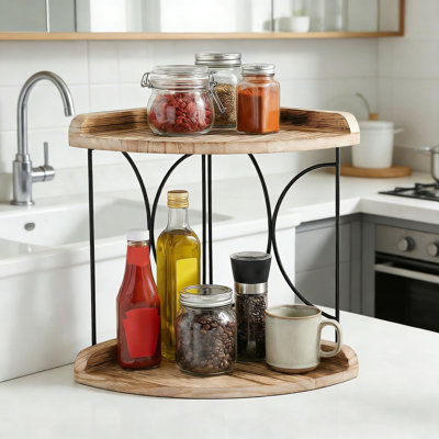Organisateur de tablettes d'angle à 2 niveaux pour salle de bain et cuisine, plateau de rangement en bois et en métal pour les soins de la peau, le maquillage, les épices et les parfums