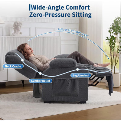 Oversized Power Recliner with 26" Seat, Dual Memory Positions, Heat & Massage, Textured Chenille, Cup Holders & Pockets
