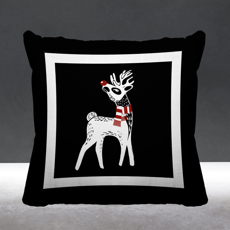 Coussin décoratif intérieur / extérieur Folk Christmas Reindeer, L 17 po x H 17 po, Noir