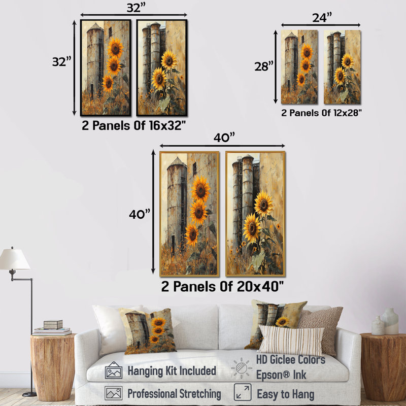 «Farm Sunflowers Around The Silo III», art mural floral 2 pièces, H 32 po x l 33 po, Impression encadrée flottante, Or