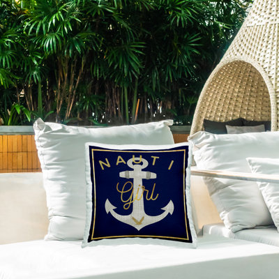 Coussin d'extérieur imprimé Nauti Girl avec ancre par Graffitee Studios