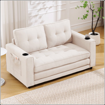 Canapé-lit futon convertible 3-en-1 avec design capitonné, canapé-lit pliable, poches latérales et porte-gobelet pour une utilisation polyvalente