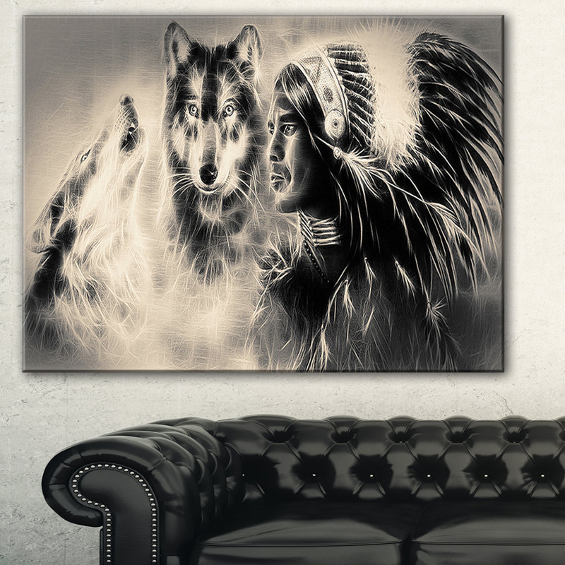 Indian Warrior with Wolves - Impression sur toile tendue, H 20 po x l 20 po x P 1 po
