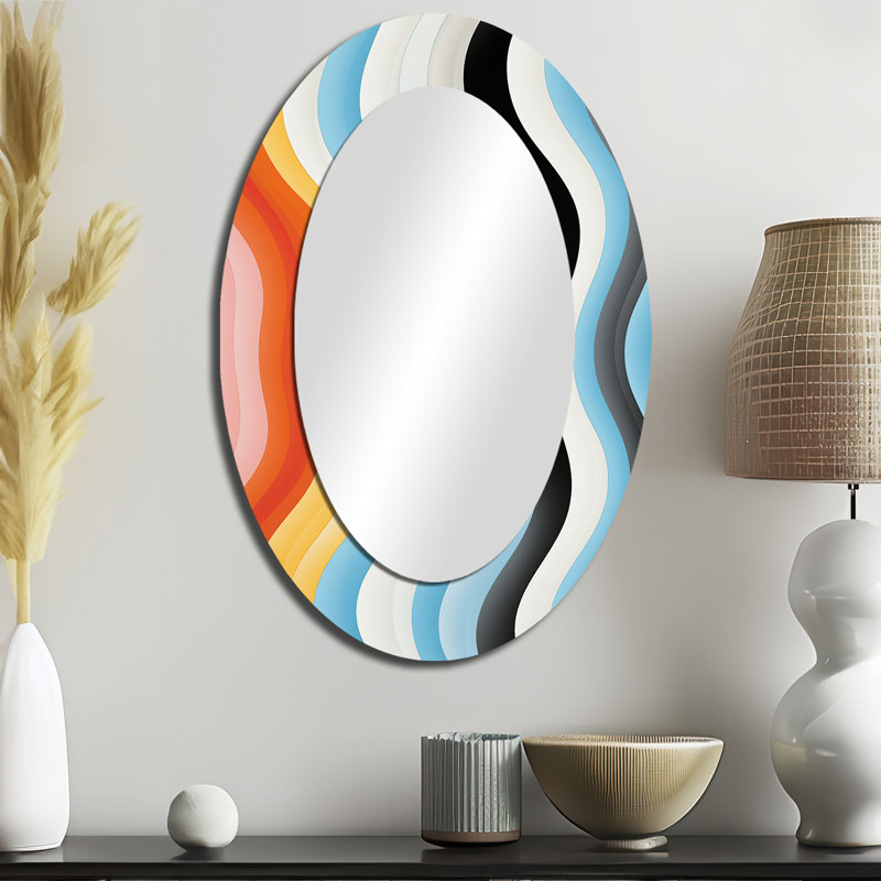 Opt Art Straight Line Delirum I - Multi-Color Modern Oval Wall Mirror, 36" x 24"