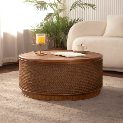 Round Rattan Coffee Table with Lift-Off Lid Storage, Hand-Woven Hemp Rope Trim, Boho-Chic Style, Perfect for Cozy Living Rooms Compact Spaces