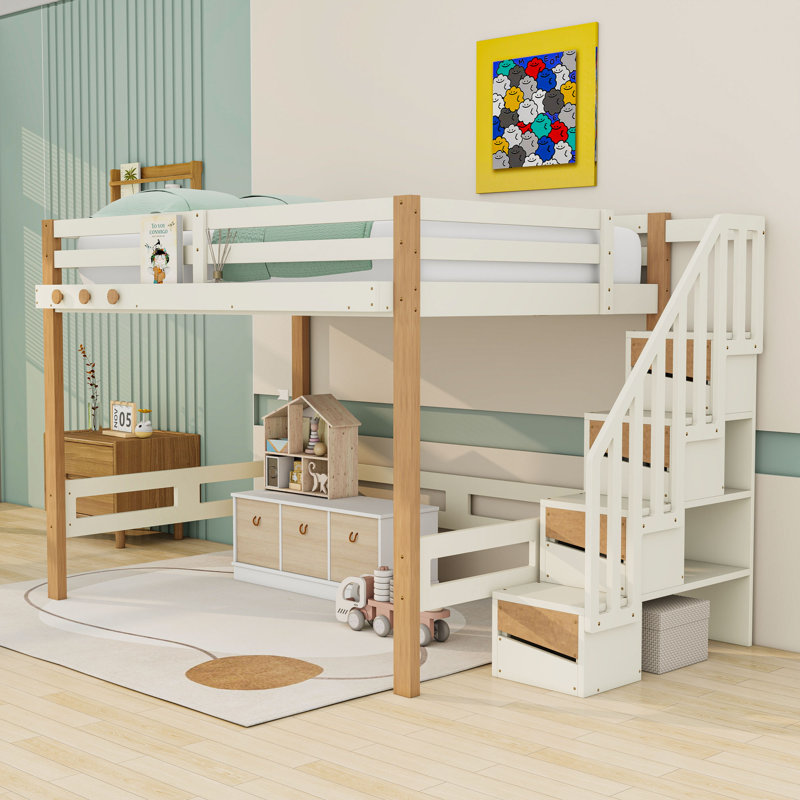 Lit mezzanine en bois avec tablettes intégrées et crochet à vêtements, escalier, Full