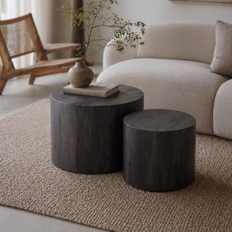 Ensemble de 2 tables basses gigognes rondes en bois pour table ronde, Noir, Noir, Noir