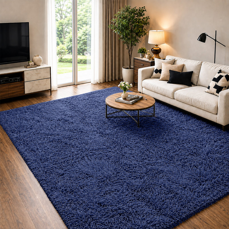Soft Fluffy Living Room Large Area Rug, Navy, Rectangle 140 x 200 cm
