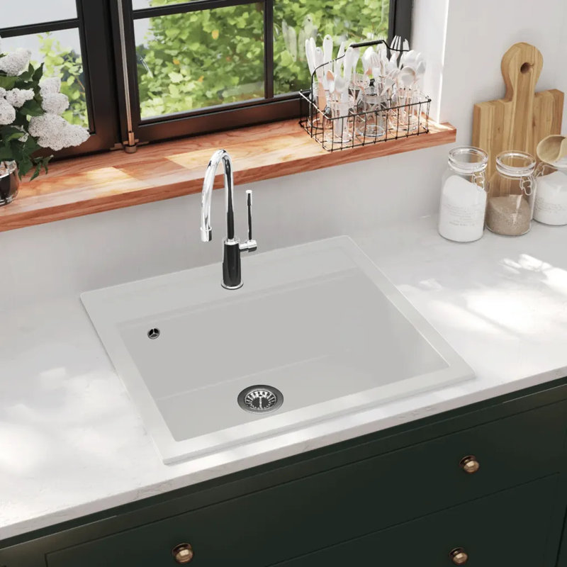 Belfry Kitchen Lenora 510mm W Single Bowl Stone Drop-In Kitchen Sink, White