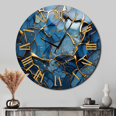 Horloge murale dorée et bleue en agate mosaïque en marbre III