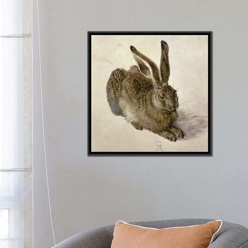 « lièvre, 1502 », reproduction sur toile, H 26 po x l 26 po x P 1,5 po, Toile avec cadre noir, Pas de tapis