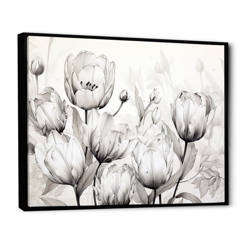 Minimalisme, tulipes noires et blanches, symphonie sur toile, Cadre flottant noir, H 24 po x l 32 po x P 1 po