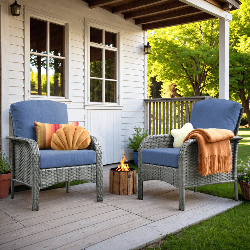 Rattan Patio Chair With Cushions (set Of 2), Denim Blue