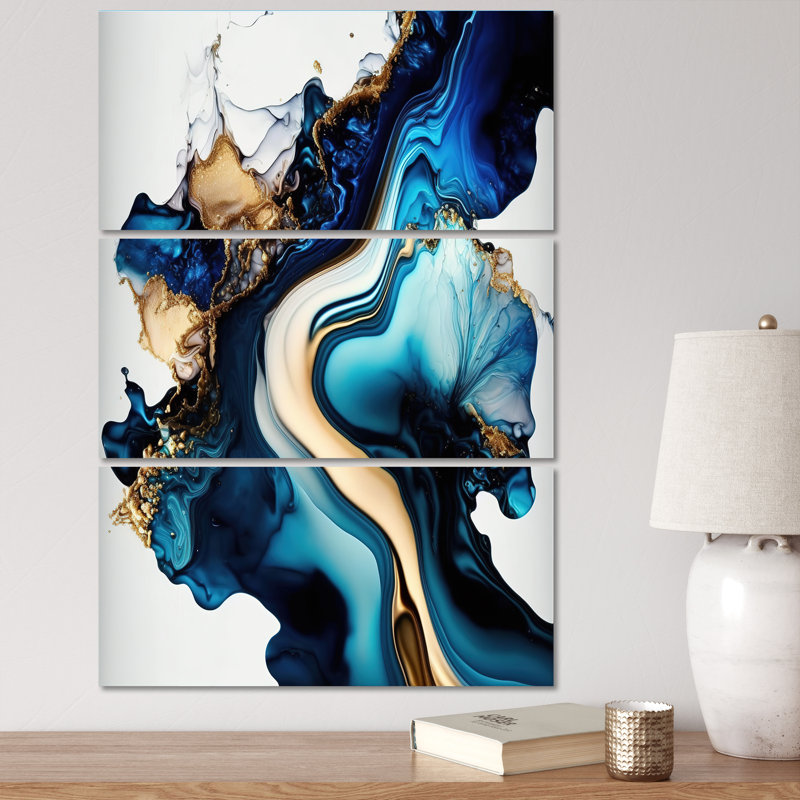 «Elivra», marbre abstrait géode bleue II sur toile, 3 pièces