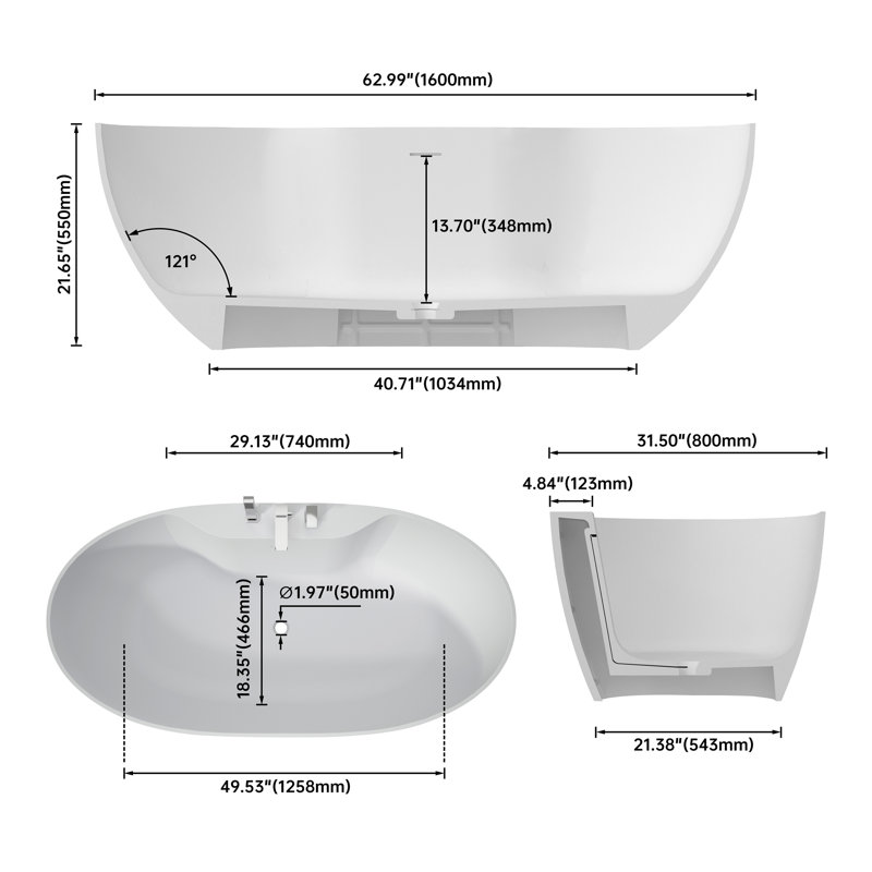 Baignoire de trempage profonde à surface solide de 63 po avec trois trous 63 po