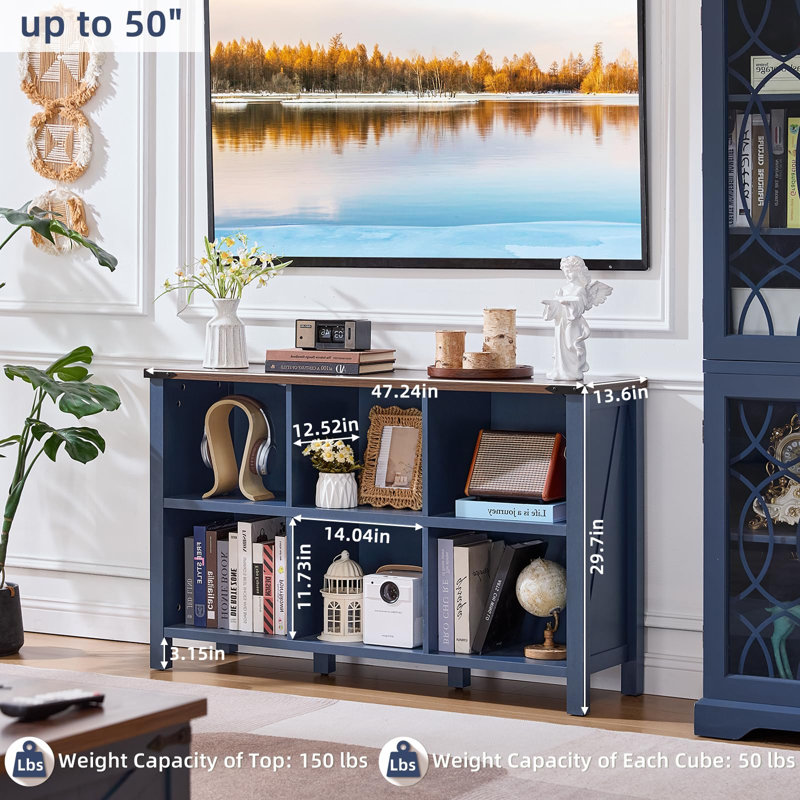 6 Cube Bookcase, Farmhouse Wood Low Storage Organizer Book Shelf, 47" Horizontal Navy Console Bookshelf With Legs, Hallway Book Case For Entryway, Display Cabinet For Living Room, Office