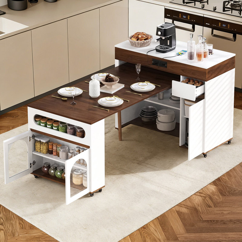 73.8'' Extendable Kitchen Island With Power Outlet, Storage Drawers, Walnut/White