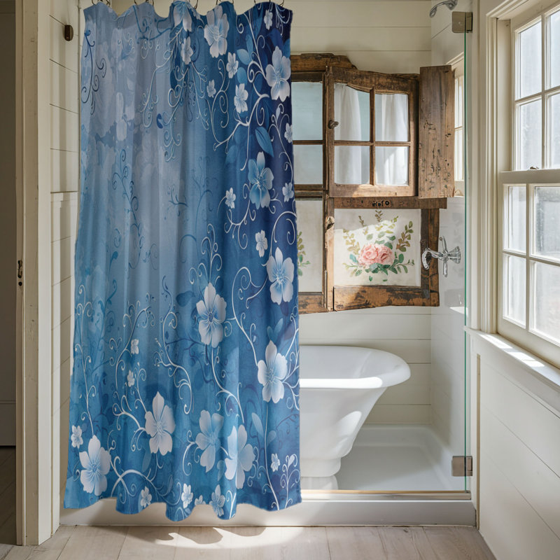 Rideau de douche standard 1 pièce Faded Blue Florals, H 74 po x l 71 po