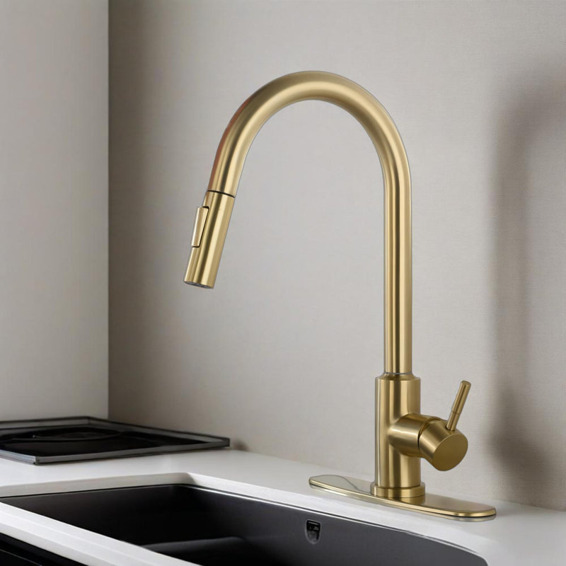 Kitchen Faucet With Pull Down Sprayer , Brushed Gold