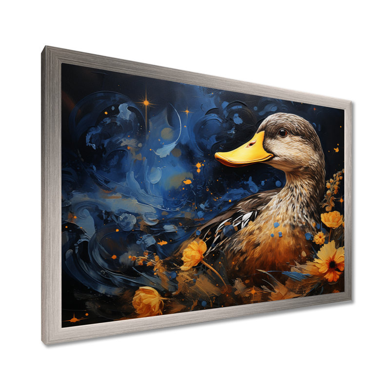 Canard bleu baroque élégance II - Canard, art mural, Cadre de coin fermé argenté, H 12 po x l 20 po x P 1 po