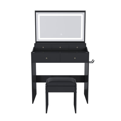 New Large Mirror Vanity Desk For Bed Room  , Modern Makeup Vanity Set With Power Outlet And Hair Dryer Holder, 5 Drawers , 3 Lighting Color Adjustable Dressing Table For Bedroom, Black Color