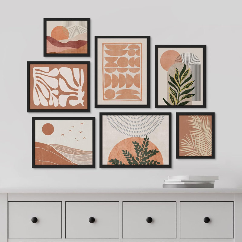 " Mid-Century Palm Leaf Geometric Landscape Abstract " 7 - Pieces, Black Framed