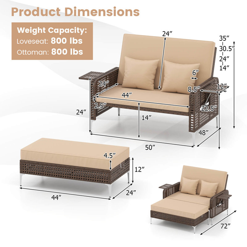 2 causeuse en osier avec repose-pieds avec dossier à 4 niveaux et coussin moelleux brun, Beige