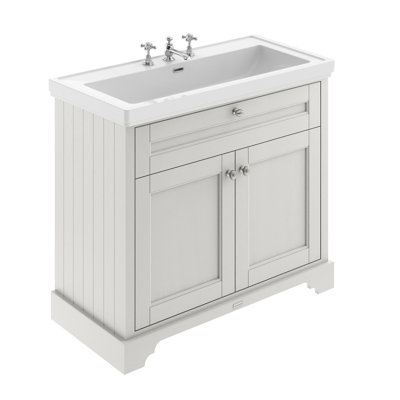 Old London 1000mm Storm Grey 2 Door Floor Standing Vanity Unit With 3 Tap Holes Fireclay Basin