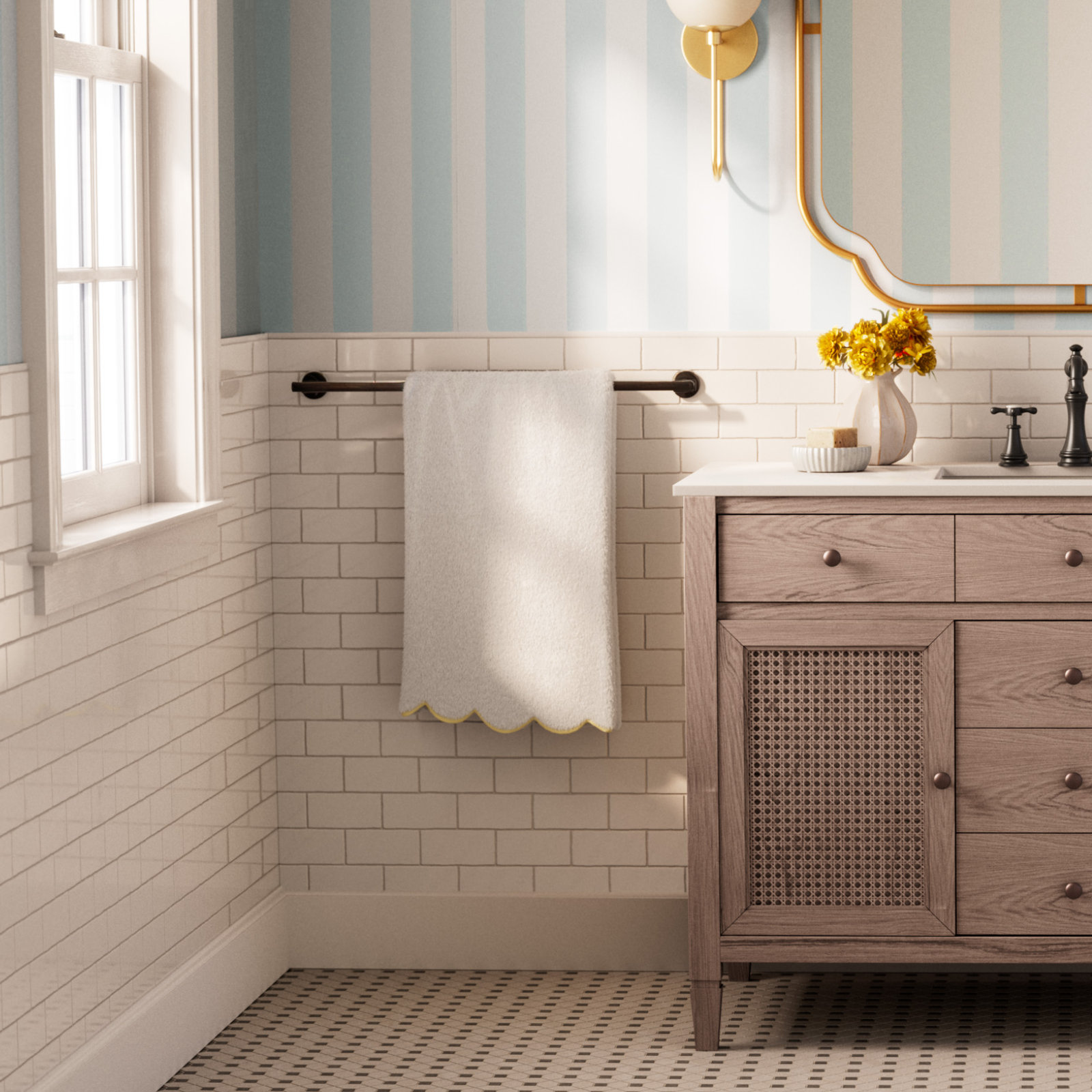 Geometric 13 in. x 13 in. Polished Marble Mosaic Floor and Wall Tile, Calabria Frost Gold