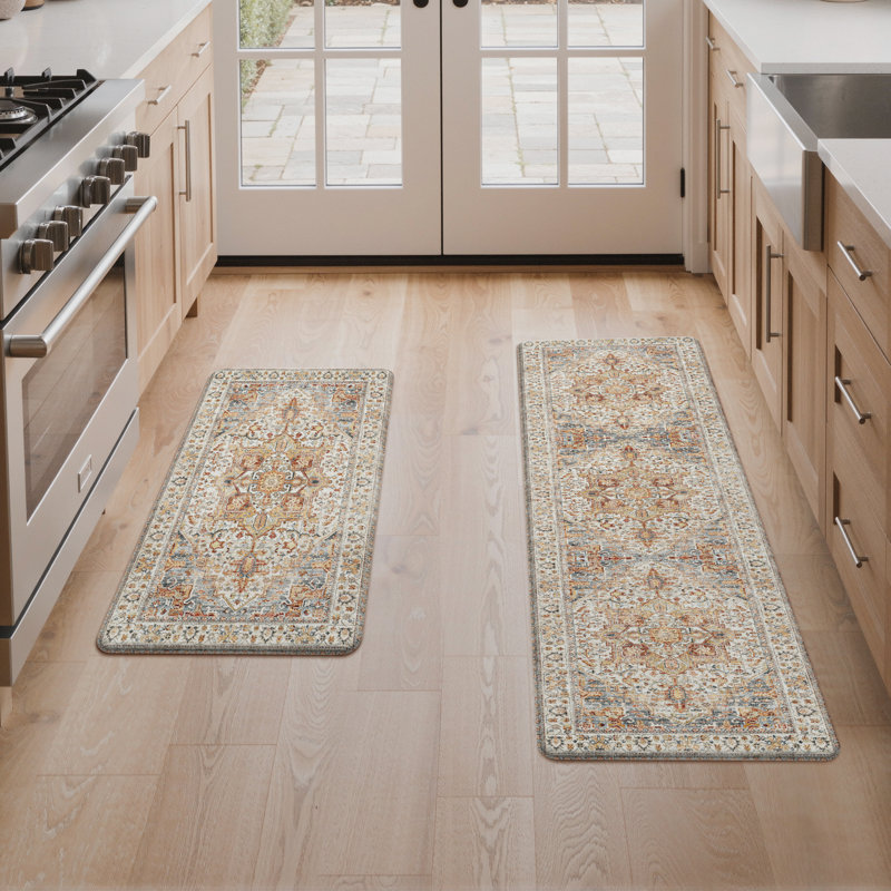 Anti-Fatigue Anti-Slip Waterproof Kitchen Mat, Runner 17" x 47"+17" x 30", Brown/Orange/Beige