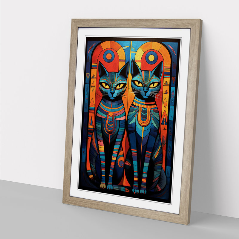 XYZ-FRM-V1223-622 Egyptian Cat Symbolism - Single Picture Frame Print on Wood, 64cm H x 46cm W x 2cm D, Oak