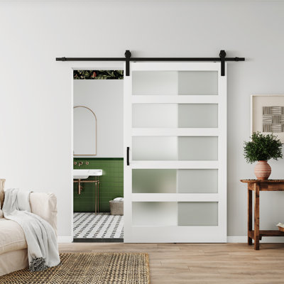 Porte de grange en verre givré 5-Lite avec ensemble de quincaillerie en bois manufacturé massif
