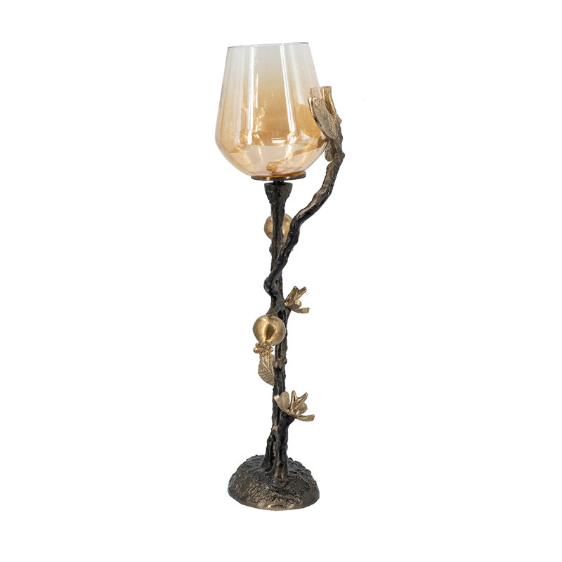 D5x17" Decorative Votive Candle Holder With Black And Antique Gold Floral Vine Design