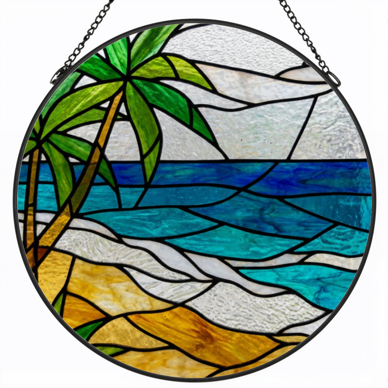 7.8"H Tropical Beach Stained Glass Window Panel, 7.8" H x 7.8" W
