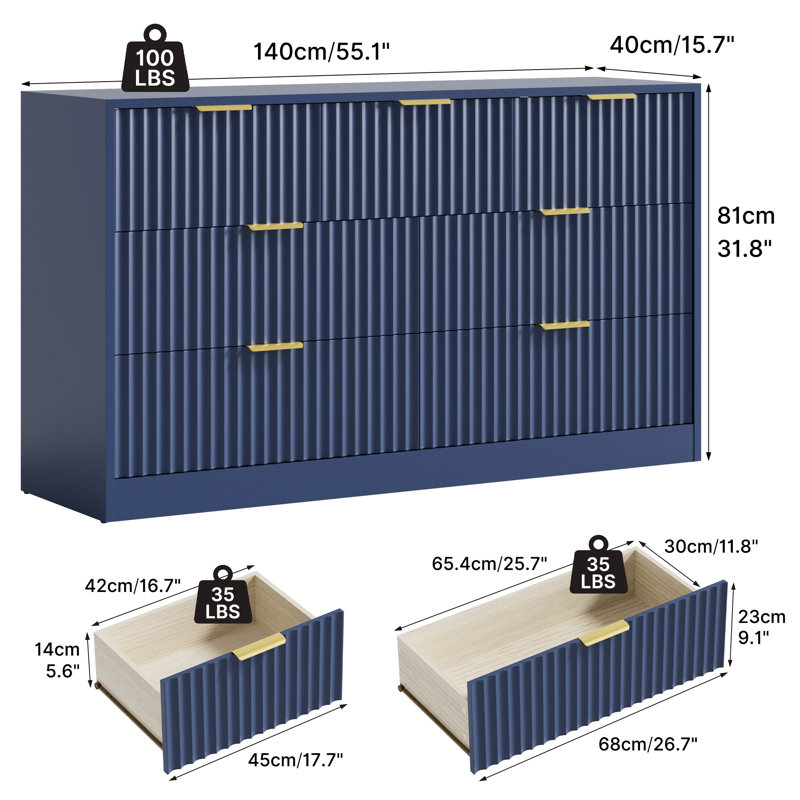Commode cannelée pour chambre à coucher avec 7 tiroirs, commode bleue moderne de 55 po de largeur avec poignée en métal, Bleu