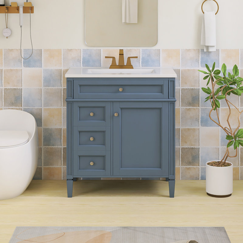 Ensemble de meuble-lavabo autoportant 30 po avec comptoir en céramique 30 po, Nickel brossé, Bleu