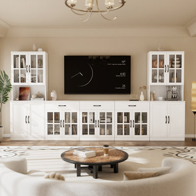 White Entertainment Center With Glass Door Hutch,118" W X 70.9" H Freestanding TV Console With Storage Drawers & Closed Cabinets | For Tvs Up To 75" Media Wall Unit