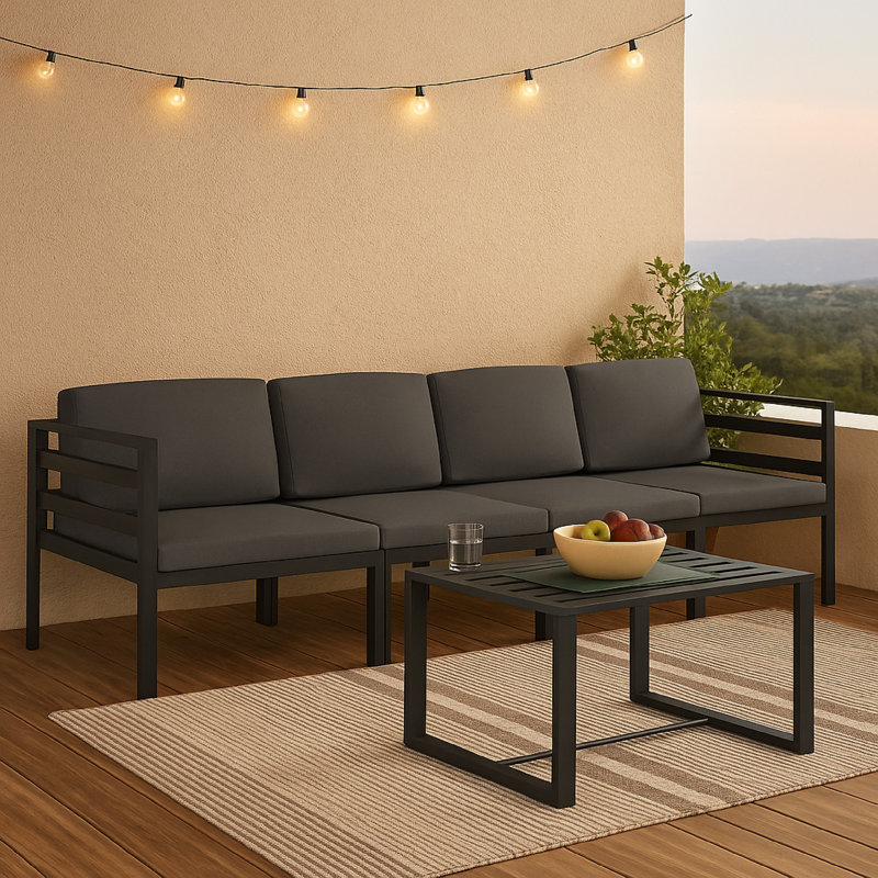 Ensemble de 5 chaises d'extérieur Shina avec table, canapé et chaises, polyester noir