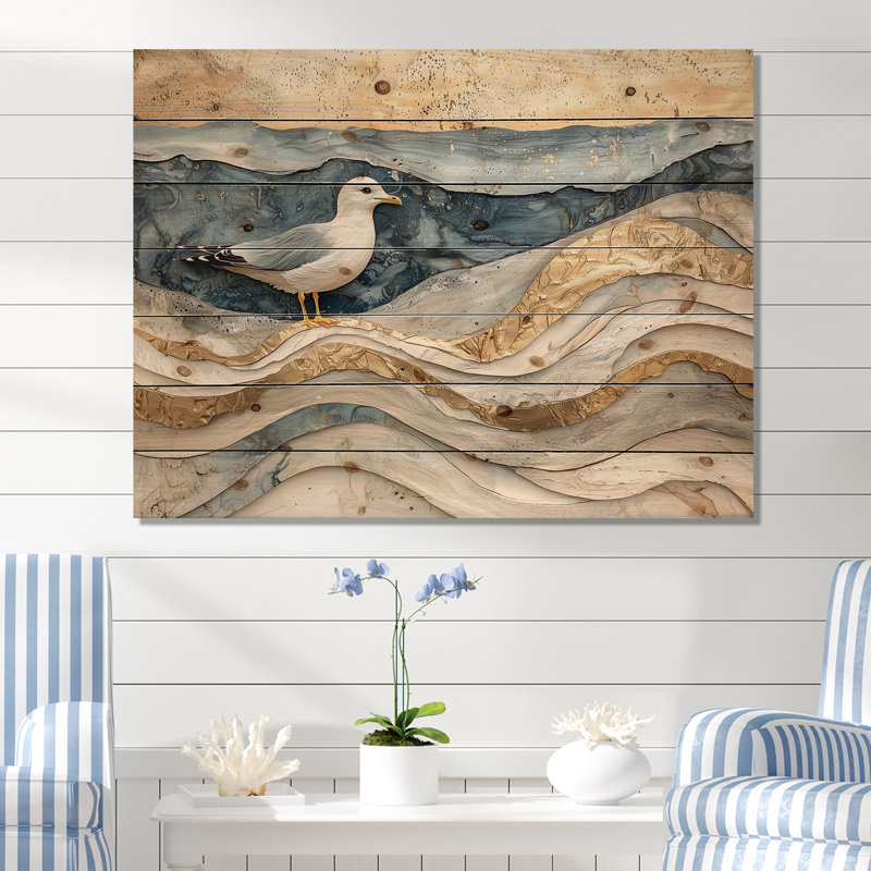 Mouette en marbre moderne sur la plage - Décoration murale en bois de mouette - sur bois de pin naturel