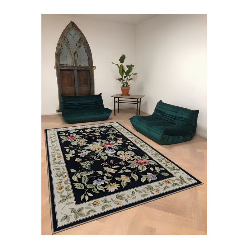 Tapis noir lavable à motif floral noir, Sous-tapis rectangulaire de 3 pi 3 po x 6 pi 7 po 