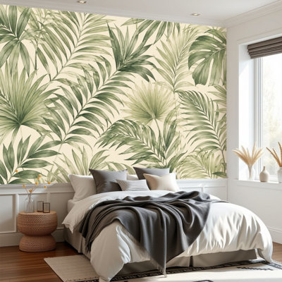 Wall Mural Peel and Stick Wallpaper Abstract tropical foliage pastel olive green colors Palm leaves line Self-Adhesive Removable Contact Paper Wall Decor for Living Room Bedroom 69"H x 96"W