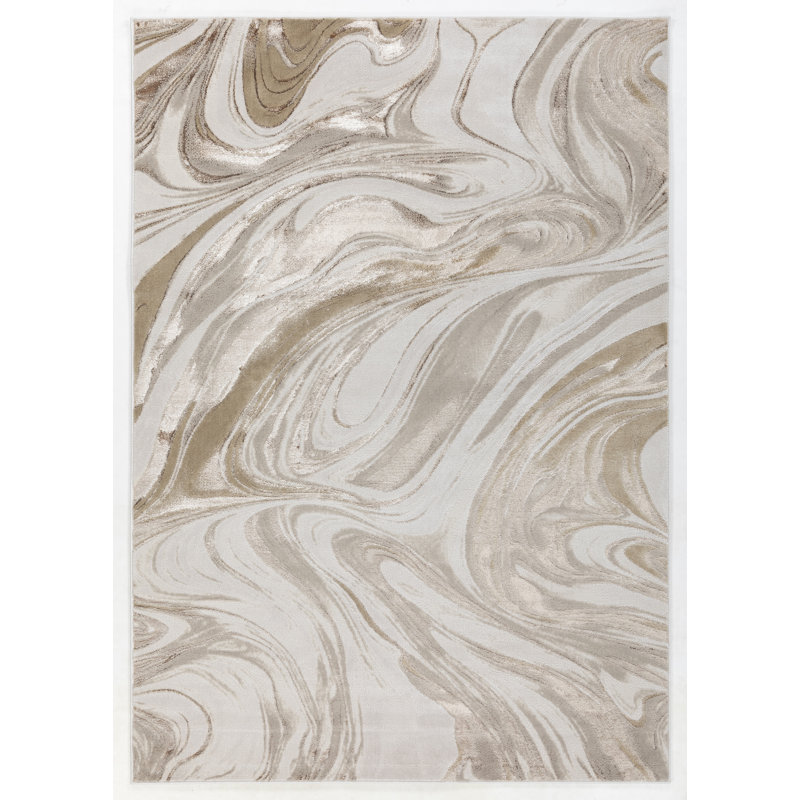 Tapis ivoire / doré à motif abstrait en marbre Luxe Collection, 7 pi 8 po x 10 pi