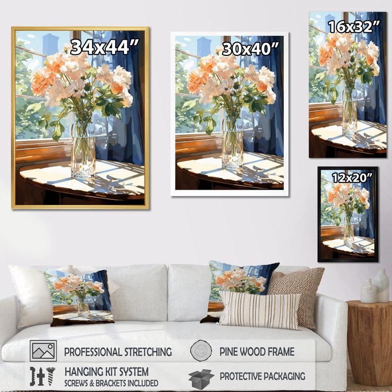 Belles fleurs roses dans un vase ensoleillé I sur toile, H 32 po x l 16 po x P 1 po, Cadre simple argenté