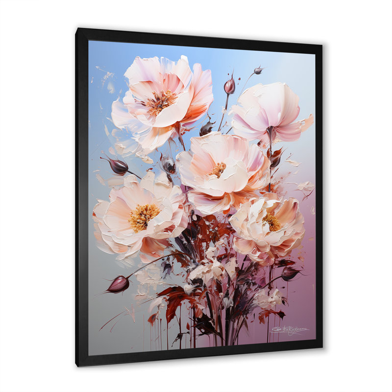 Beige, roses roses et Burgeon sur toile, H 20 po x l 12 po x P 1 po, Cadre simple noir