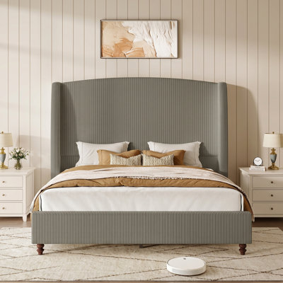 64.5'' W  Modern Elegant Arched-Top Wingback Textured Corduroy Upholstered California Queen Bed