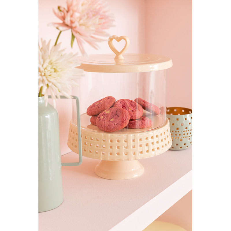 Cake Plate Under Glass Ceramic Pink Large, Peach