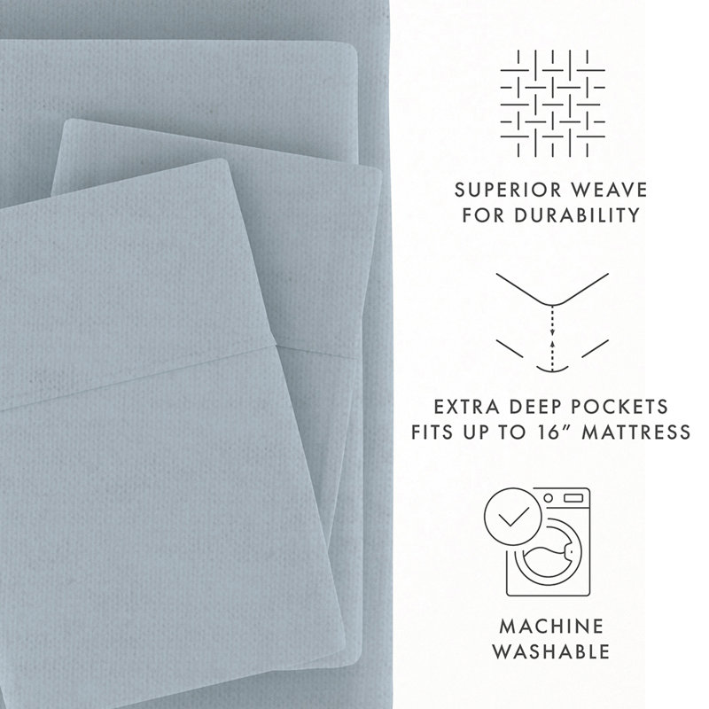 Ensemble de draps 100% coton, Bleu marine clair, Ensemble de draps pour lit double avec 2 taies d'o