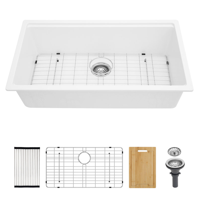 30''L x 19''W Quartz Undermount Workstation Kitchen Sink, White Granite Composite Single Bowl Kitchen Sink with Sink Grid, Strainer, Cutting Board and Roll-up Rack