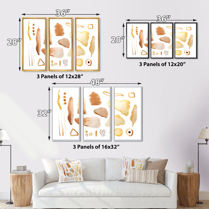 Coups de pinceau abstraits dans des couleurs terreuses - 3 pièces, reproduction sur toile, H 20 po x l 36 po x P 1 po