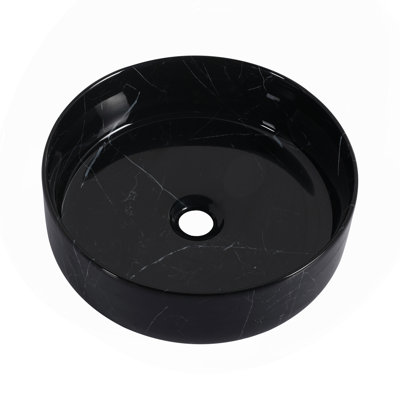 Ceramic Round Above Counter Bathroom Sink Art Basin, Black Background With White Patterns
